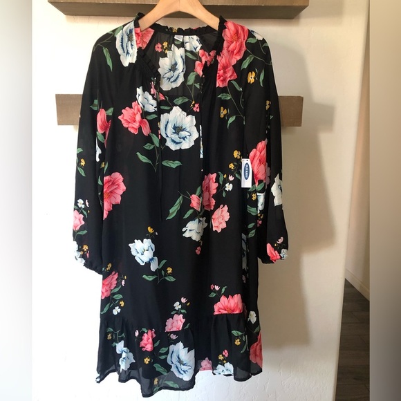 Old Navy|NWT black floral chiffon long sleeve dress,ruffle hem•••Medium - Picture 1 of 11